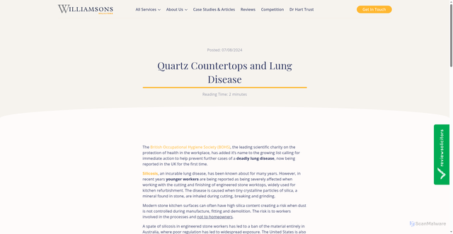 Security scan screenshot of https://www.williamsons-solicitors.co.uk/advice-and-article/quartz-countertops-lung-disease-silicosis/