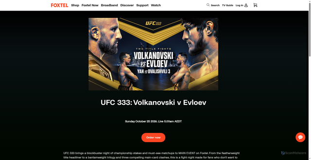 Security scan screenshot of https://www.foxtel.com.au/watch/main-event/ufc/ufc-333.html