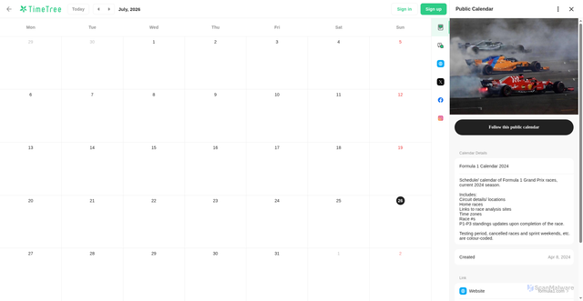 Security scan screenshot of https://timetreeapp.com/public_calendars/f1calendar?locale=en