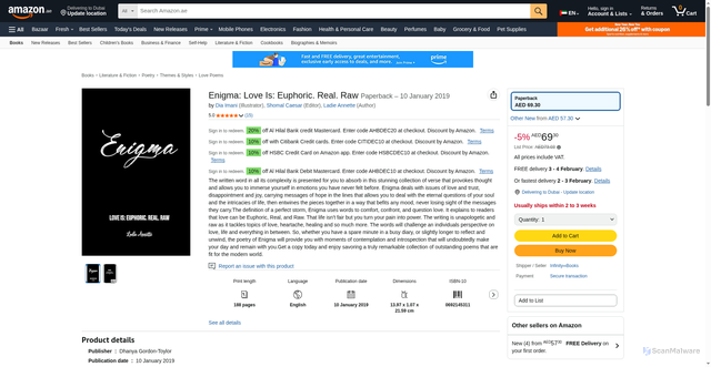 Security scan screenshot of https://www.amazon.ae/Enigma-Love-Euphoric-Real-Raw/dp/0692145311