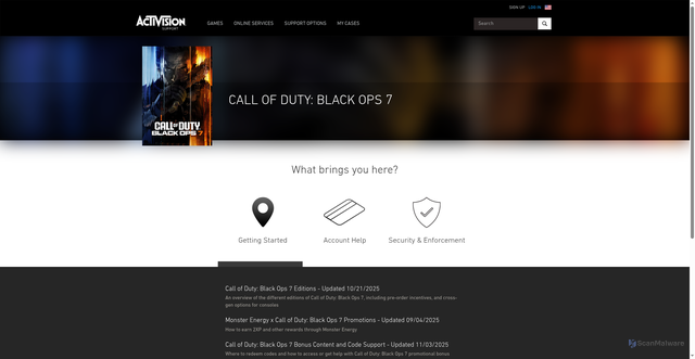 Security scan screenshot of https://support.activision.com/black-ops-7