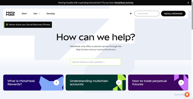 Security scan screenshot of https://support.metamask.io/