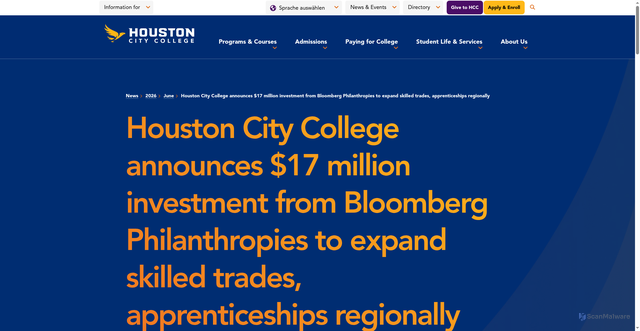 Security scan screenshot of https://www.hccs.edu/news/2026/june/houston-city-college-announces-17-million-investment-from-bloomberg-philanthropies-to-expand-skilled-trades-apprenticeships-regionally/