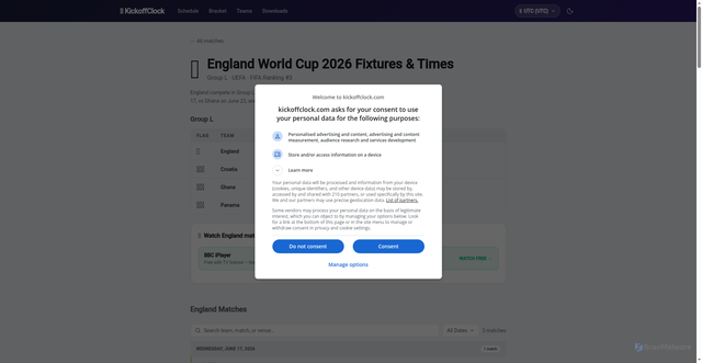 Security scan screenshot of https://www.kickoffclock.com/schedule/england