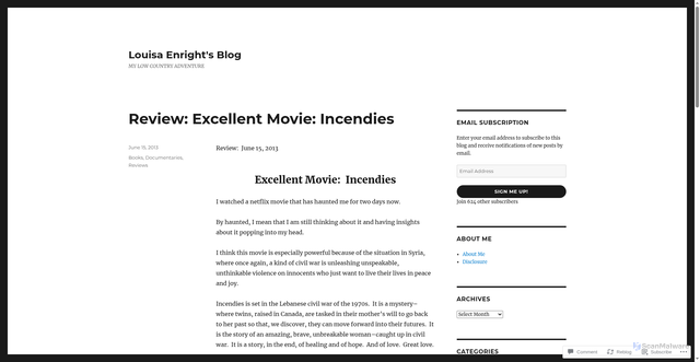 Security scan screenshot of https://louisaenright.com/2013/06/15/review-excellent-movie-incendies/