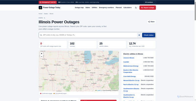 Security scan screenshot of https://poweroutagetoday.com/state/illinois