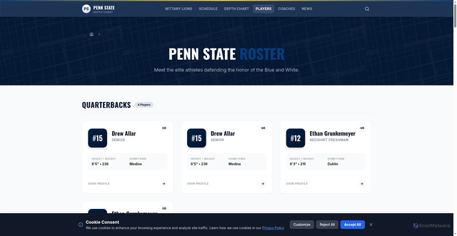 Security scan screenshot of https://www.pennstatedepthchart.com/players