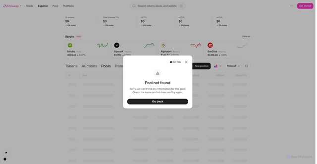 Security scan screenshot of http://web-06-25-feat-i18n-new-translations-uniswap.vercel.app/explore/pools/ethereum/0x4585FE77225b41b697C938B018E2Ac67Ac5a20c0