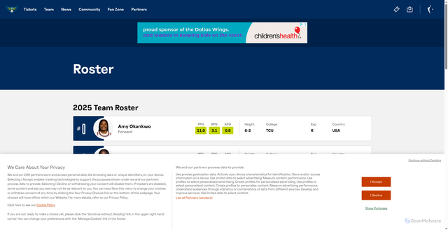 Security scan screenshot of https://wings.wnba.com/roster
