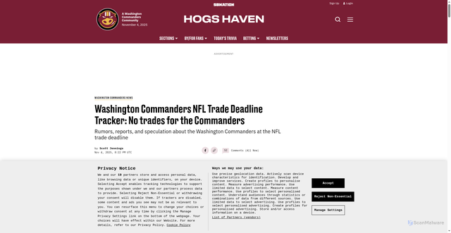 Security scan screenshot of https://www.hogshaven.com/washington-commanders-news/386867/washington-commanders-nfl-trade-deadline-tracker-deebo-samuel-von-miller-to-buffalo