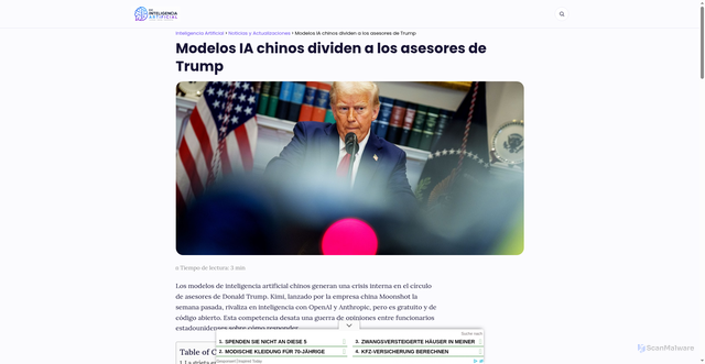 Security scan screenshot of https://deinteligenciaartificial.es/modelos-ia-chinos-dividen-asesores-trump/