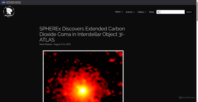 Security scan screenshot of https://spherex.caltech.edu/news/3i-atlas-co2-coma