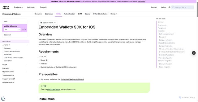 Security scan screenshot of https://metamask-docs-p13jojaa8-consensys-ddffed67.vercel.app/embedded-wallets/sdk/ios