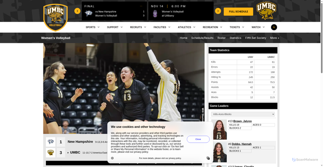 Security scan screenshot of https://umbcretrievers.com/news/2025/11/9/womens-volleyball-retrievers-edge-wildcats-will-host-america-east-playoffs.aspx
