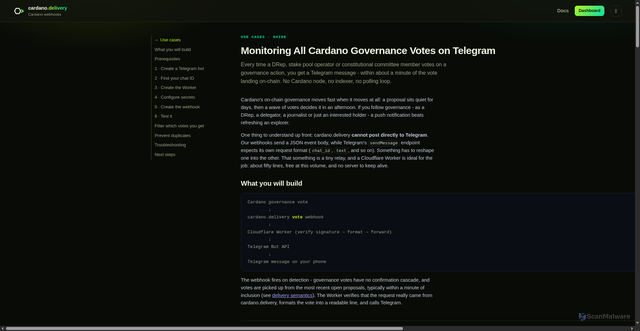 Security scan screenshot of https://cardano.delivery/docs/use-cases/governance-votes-telegram/