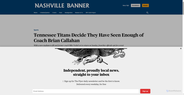 Security scan screenshot of https://nashvillebanner.com/2025/10/13/tennessee-titans-coach-brian-callahan-fired/
