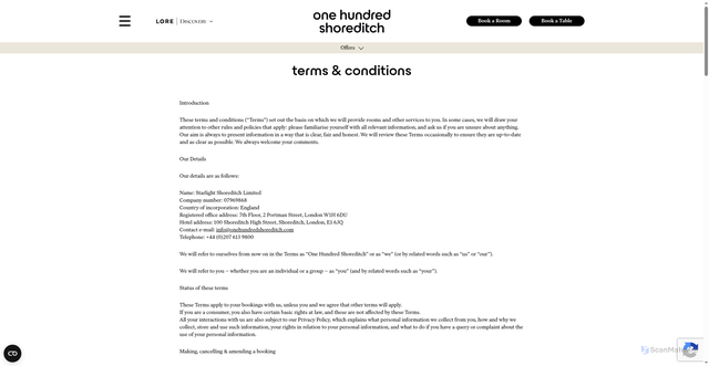 Security scan screenshot of https://www.onehundredshoreditch.com/terms-conditions/?utm_source=revinate&utm_medium=email&utm_campaign=REASEND%3A%20OHS%20Rooms%20Sept%20Mailer%202026-918623
