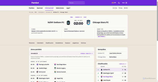 Security scan screenshot of https://femgol.com/liga-estadounidense/2026/partido/j23-gotham-fc-chicago-stars/