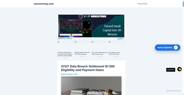 Security scan screenshot of https://ramossmog.com/att-data-breach-settlement-7500-eligibility-payment-dates/