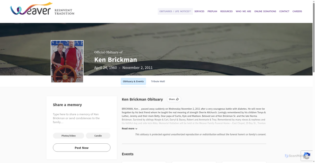 Security scan screenshot of https://www.weaverfuneralhomes.com/obituaries/Ken-Brickman?obId=361268