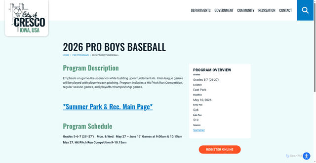 Security scan screenshot of https://www.cityofcresco.com/rec-program/boys-baseball