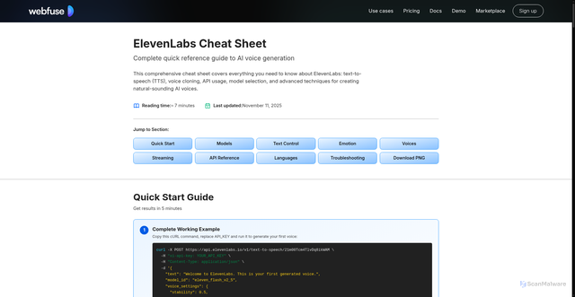 Security scan screenshot of https://webfuse.pages.dev/elevenlabs-cheat-sheet