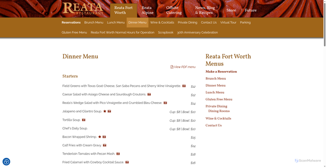Security scan screenshot of https://reata.net/reata-fort-worth/menus/dinner/