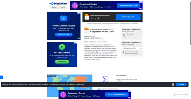 Security scan screenshot of https://www.mediafire.com/file_premium/6xtrrviuilc8qri/Adobe_Media_Encoder_2024_%28Lofix%29.rar/file