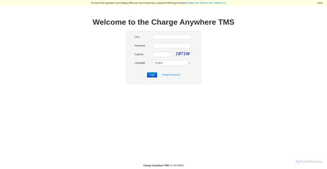 Security scan screenshot of https://wiztms.chargeanywhere.com