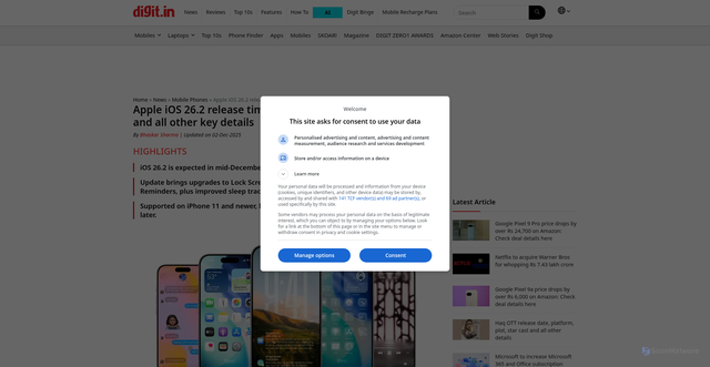 Security scan screenshot of https://www.digit.in/news/mobile-phones/apple-ios-26-2-release-timeline-key-features-eligible-devices-and-all-other-key-details.html