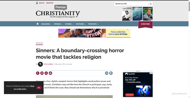 Security scan screenshot of https://www.premierchristianity.com/reviews/sinners-a-boundary-crossing-horror-movie-that-tackles-religion/19390.article