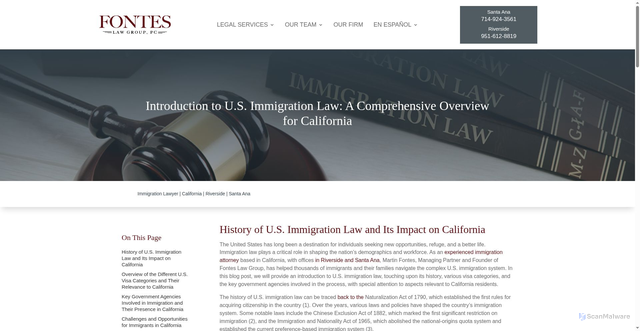 Security scan screenshot of https://fonteslawgroup.com/introduction-to-u-s-immigration-law-a-comprehensive-overview-for-california/