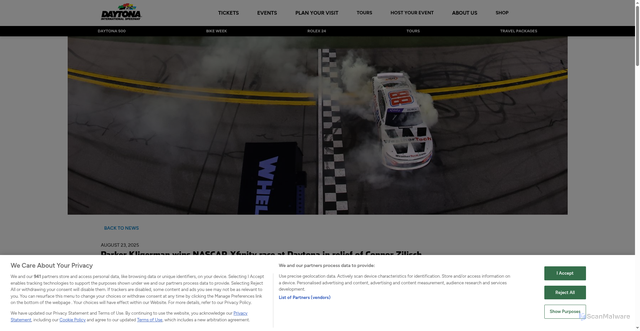 Security scan screenshot of https://www.daytonainternationalspeedway.com/2025/08/23/parker-kligerman-wins-nascar-xfinity-race-at-daytona-in-relief-of-connor-zilisch/