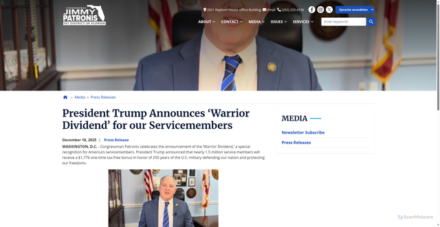 Security scan screenshot of http://patronis.house.gov/media/press-releases/president-trump-announces-warrior-dividend-for-our-servicemembers