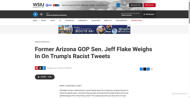 Security scan screenshot of https://www.wsiu.org/politics-elections/2019-07-15/former-arizona-gop-sen-jeff-flake-weighs-in-on-trumps-racist-tweets