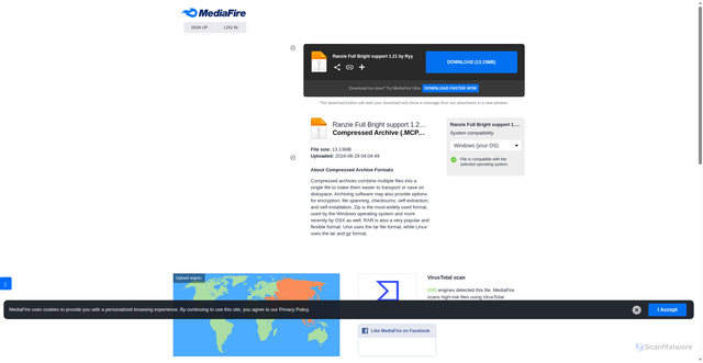 Security scan screenshot of https://www.mediafire.com/file/2fkt33rpsgy6s6r/Ranzie_Full_Bright_support_1.21_by_Ryy.mcpack/file