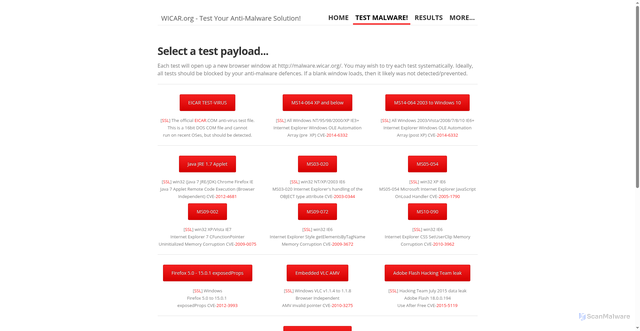 Security scan screenshot of https://www.wicar.org/test-malware.html