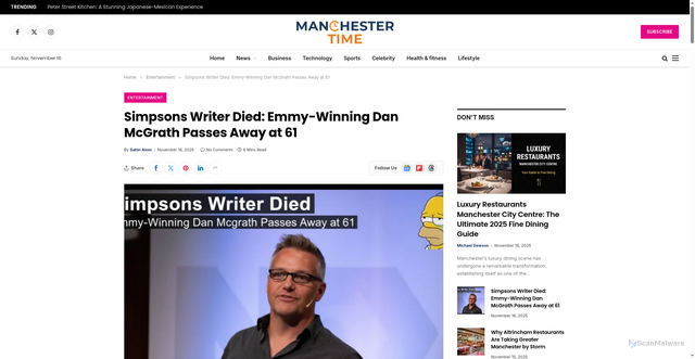 Security scan screenshot of https://manchestertime.co.uk/simpsons-writer-died-dan-mcgrath/