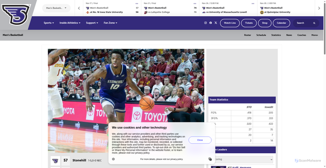 Security scan screenshot of https://stonehillskyhawks.com/news/2025/11/17/mens-basketball-falls-to-no-16-iowa-state.aspx