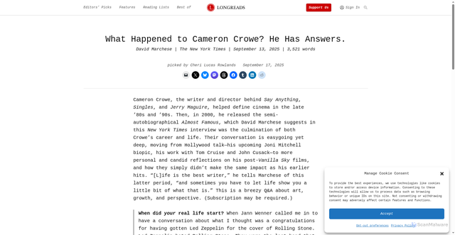Security scan screenshot of https://longreads.com/2025/09/17/cameron-crowe-interview/