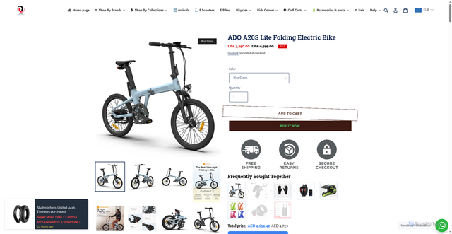 Security scan screenshot of https://www.e-scooteruaehub.com/products/ado-a20s-lite-folding-electric-bike?srsltid=AU7gw4UaW_nA7loa5C7Pt9RqBnJLoa_c1zUJPw8nwqd3tBLiOItdAc3I