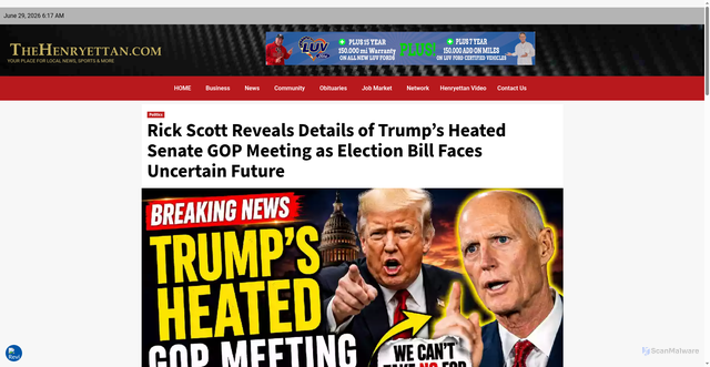 Security scan screenshot of https://thehenryettan.com/rick-scott-reveals-details-of-trumps-heated-senate-gop-meeting-as-election-bill-faces-uncertain-future/