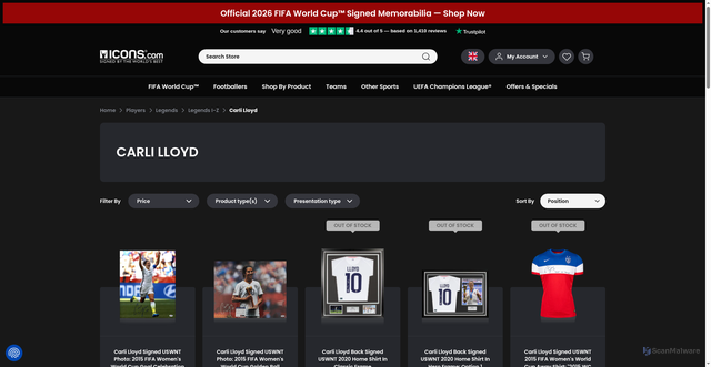 Security scan screenshot of https://www.icons.com/players/legends/legends-i-z/carli-lloyd.html?srsltid=AfmBOoqMpH0fO9ib930pqjzVLOz5OTOXW3y94Y2vanYSxyV0dJZGgZJU