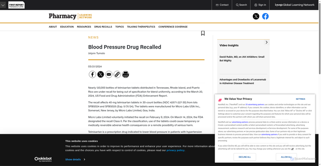 Security scan screenshot of https://www.hmpgloballearningnetwork.com/site/pln/news/blood-pressure-drug-recalled-1