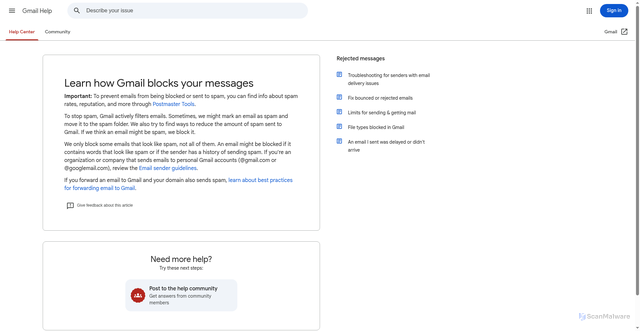 Security scan screenshot of https://support.google.com/mail/answer/188131?visit_id=639190311679826998-4256908799&p=UnsolicitedMessageError&rd=1