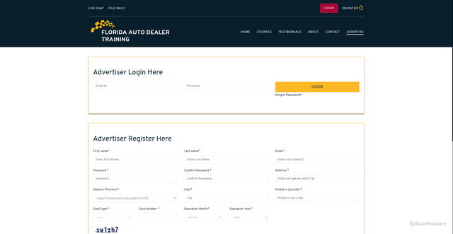 Security scan screenshot of https://floridaautodealertraining.com/user/advertiser_purchase/eyJpdiI6IlVpM3RYLzV3NHFoSWpTNTJoS1FYM3c9PSIsInZhbHVlIjoiTEZhSzZWcmI2bXlHaWp4YVV1aWJ0QT09IiwibWFjIjoiYWY3MDk0YjE3MTI5NDAyM2Q2NWE0OGVkNjMyOTY3MDRjYzU3MzIyMGM1ZWIzODk2YTZiMTQzNGJmMDk2MmI4YyIsInRhZyI6IiJ9