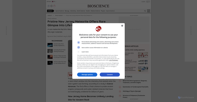 Security scan screenshot of https://www.bioscience.com.pk/en/subject/space-science/meteorite-that-fell-through-a-new-jersey-roof-may-reveal-the-origins-of-lifes-ingredients