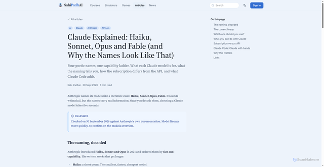 Security scan screenshot of https://sahipadhai.cc/articles/claude-explained-haiku-sonnet-opus-and-fable/