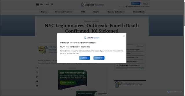 Security scan screenshot of https://www.vaccineadvisor.com/news/nyc-legionnaires-outbreak-fourth-death-confirmed-101-sickened/