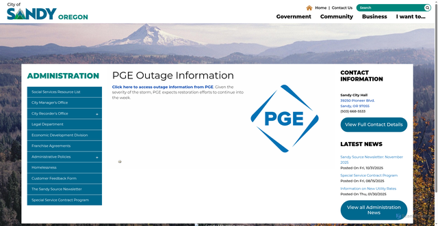 Security scan screenshot of https://www.ci.sandy.or.us/administration/page/pge-outage-information